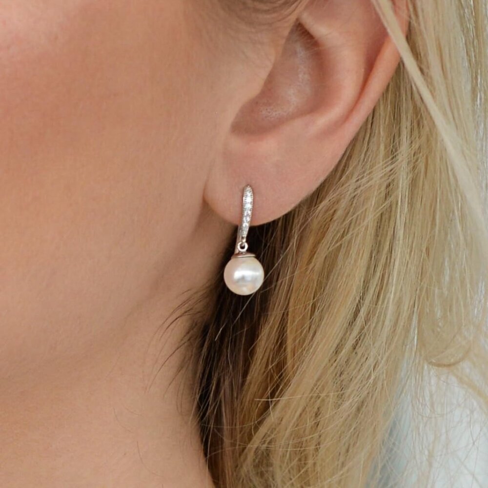 Pearl Drop Earrings CZ Crystal Women's Wedding Bridesmaids Gift Understated Eleg - Picture 3 of 7